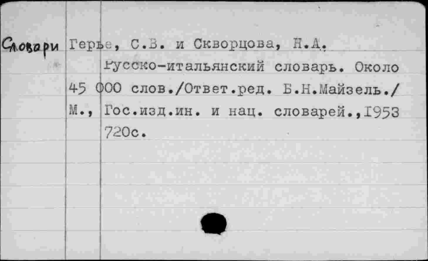 ﻿		1
рм	Гер!	>е, С.В. и Скворцова, Н.А.
		гусоко-итальянский словарь. Около
	45	ЮО слов./Ответ.ред. Б.Н.Майзель./
	М.,	Гос.изд.ин. и нац. словарей.,1953
		720с.
		
		
		
		•
		